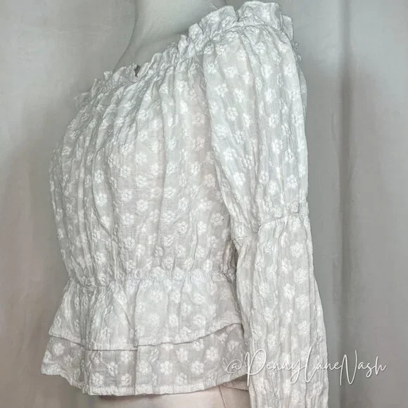 Shein Off Shoulder Floral Ruffle Hem Peplum Crop Top Blouse White - Picture 9 of 10